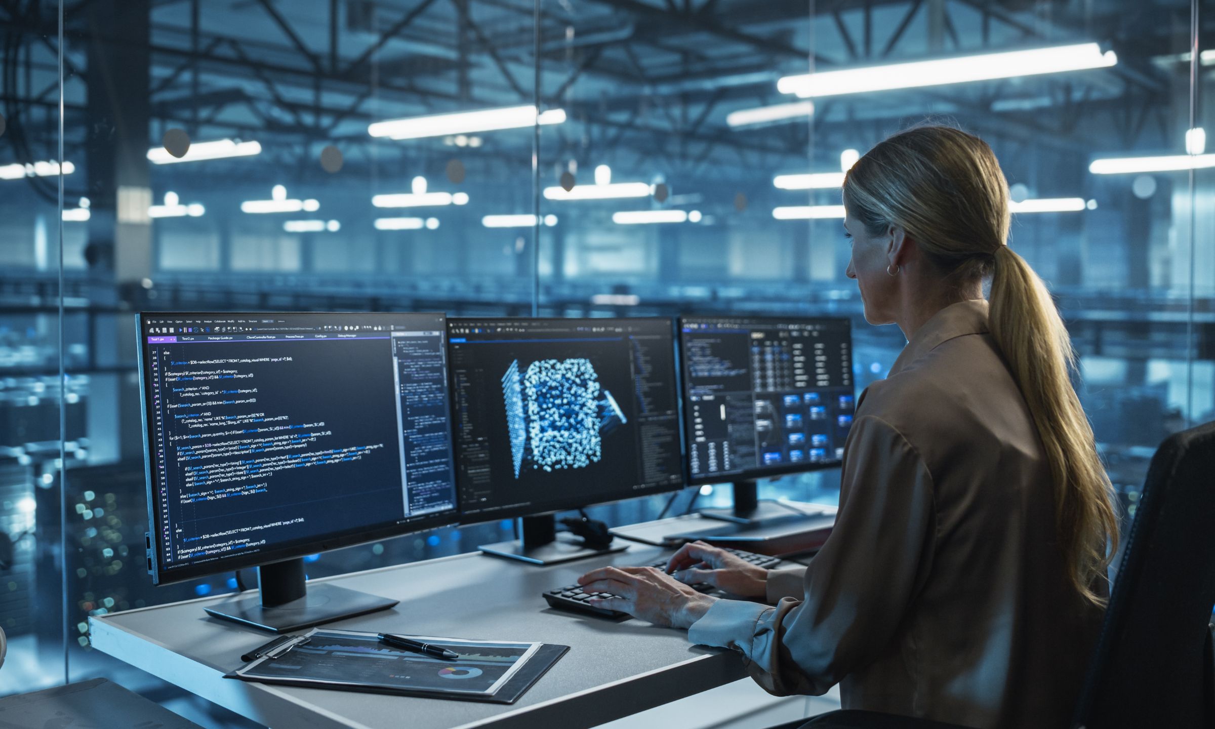 Woman working at multiple monitors analysing code and AI data visualisations in a modern high-tech office environment