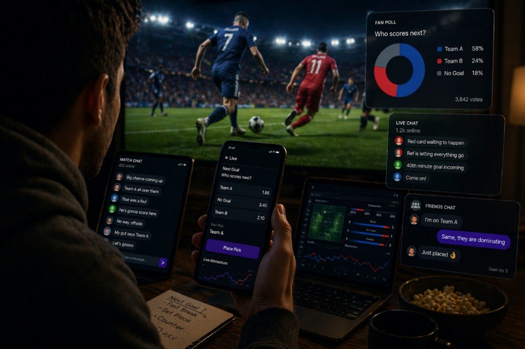 Football fan engaging with live chat, betting and real-time match data during a live game.