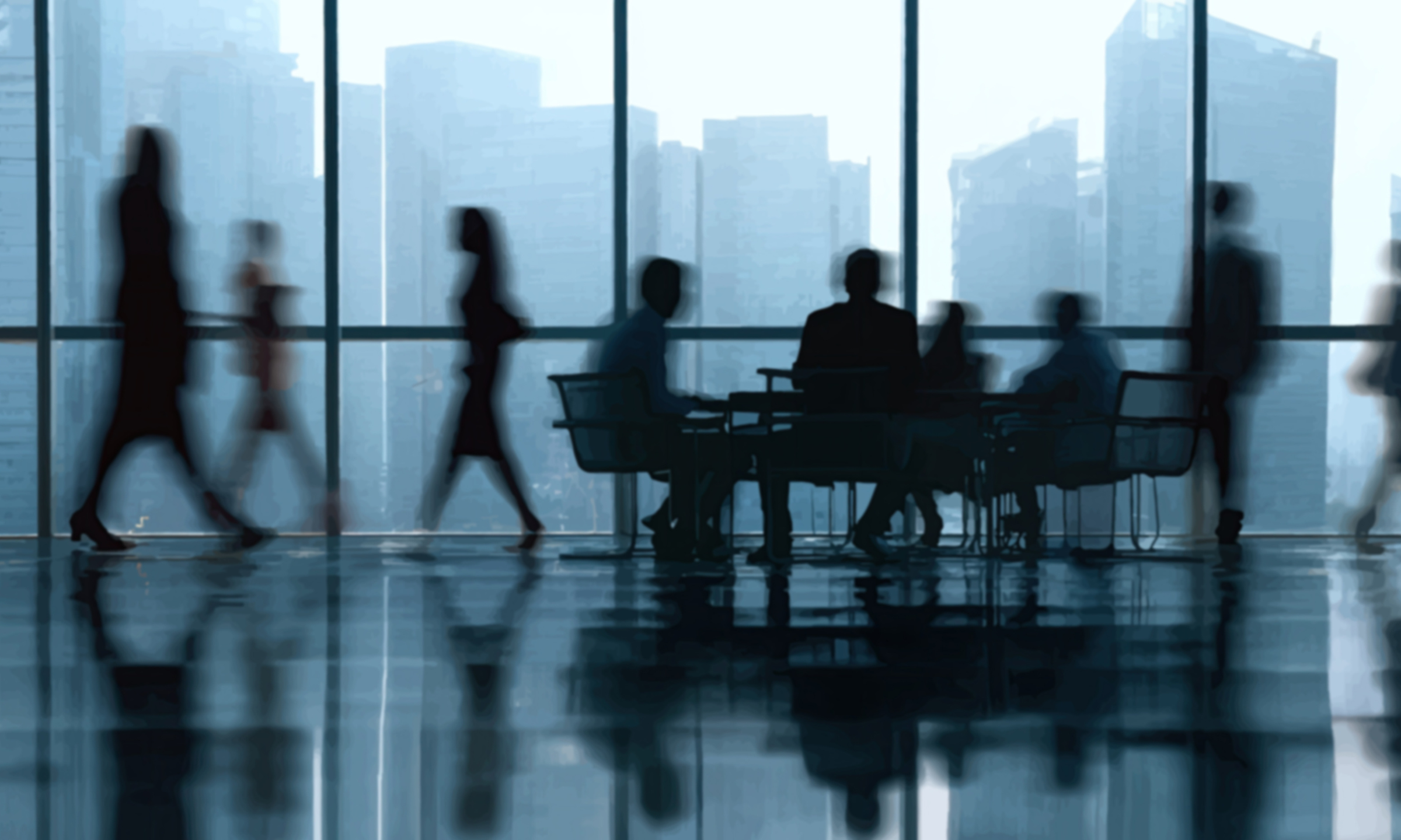Business professionals meeting in a modern office with city skyline backdrop