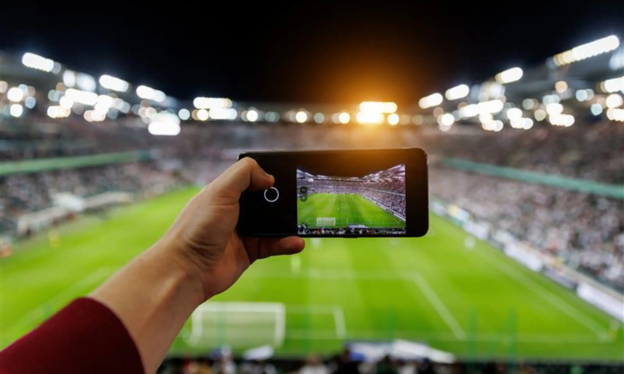 Person holding a smartphone at a stadium