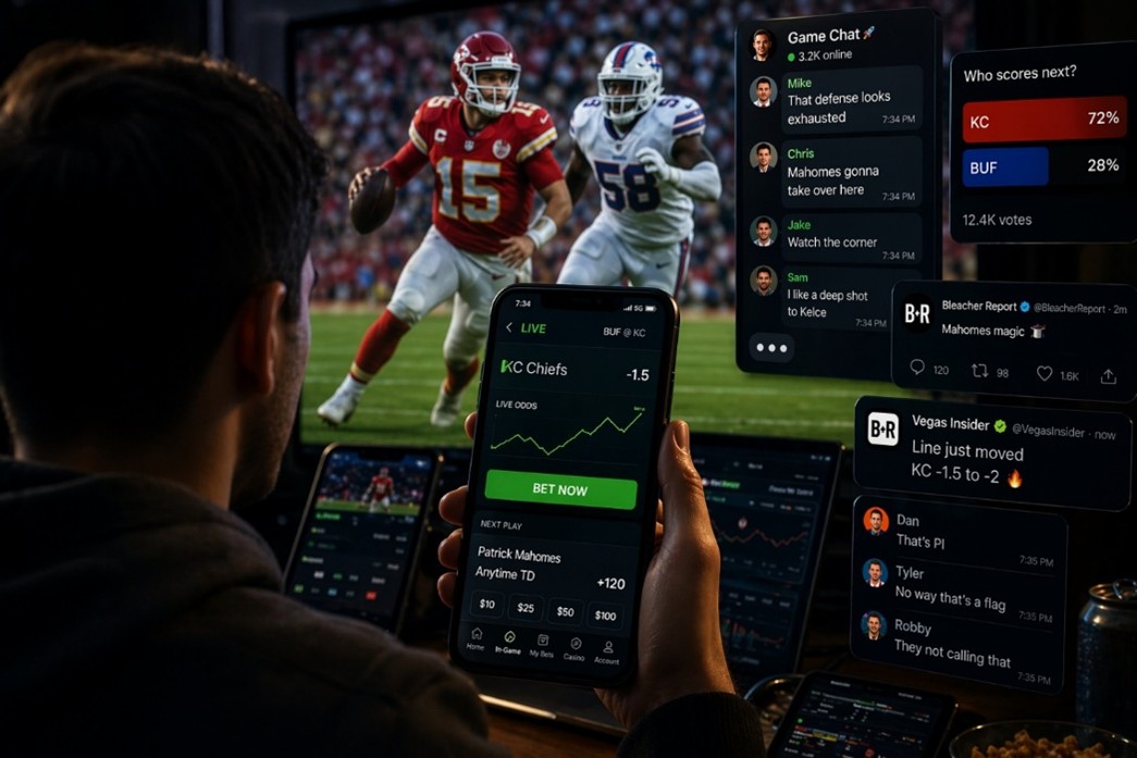 NFL fan using live betting, chat and social feeds while watching a game in real time.