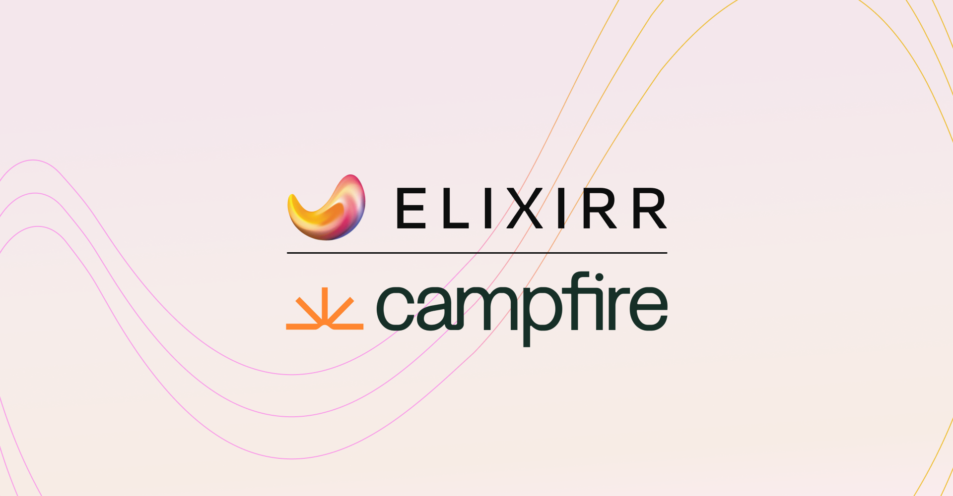 Elixirr and Campfire partnership logos on a light background with abstract curved lines