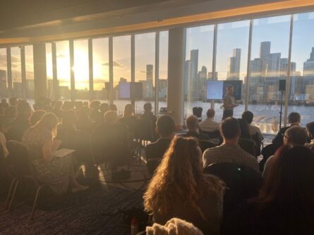 Sun setting over Canary Wharf